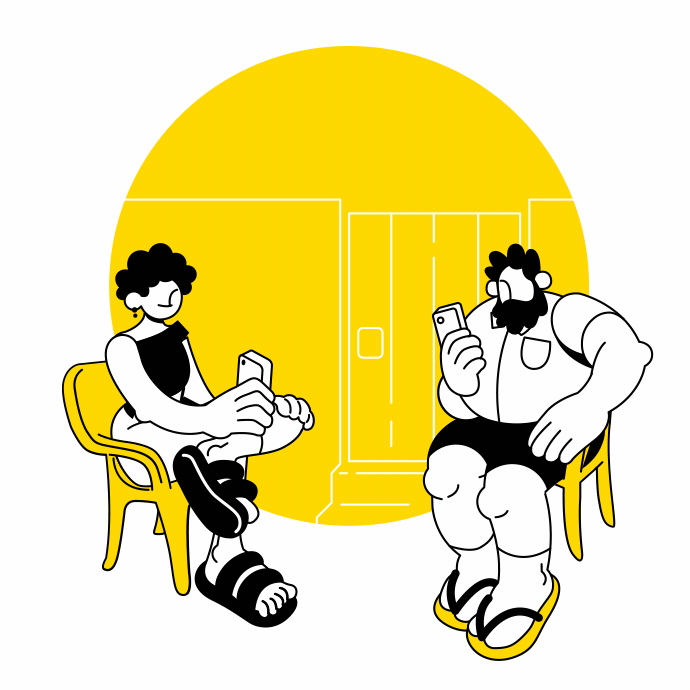 Two illustrated Will Bank characters sitting and checking their phones, with the brand's signature circle as backdrop