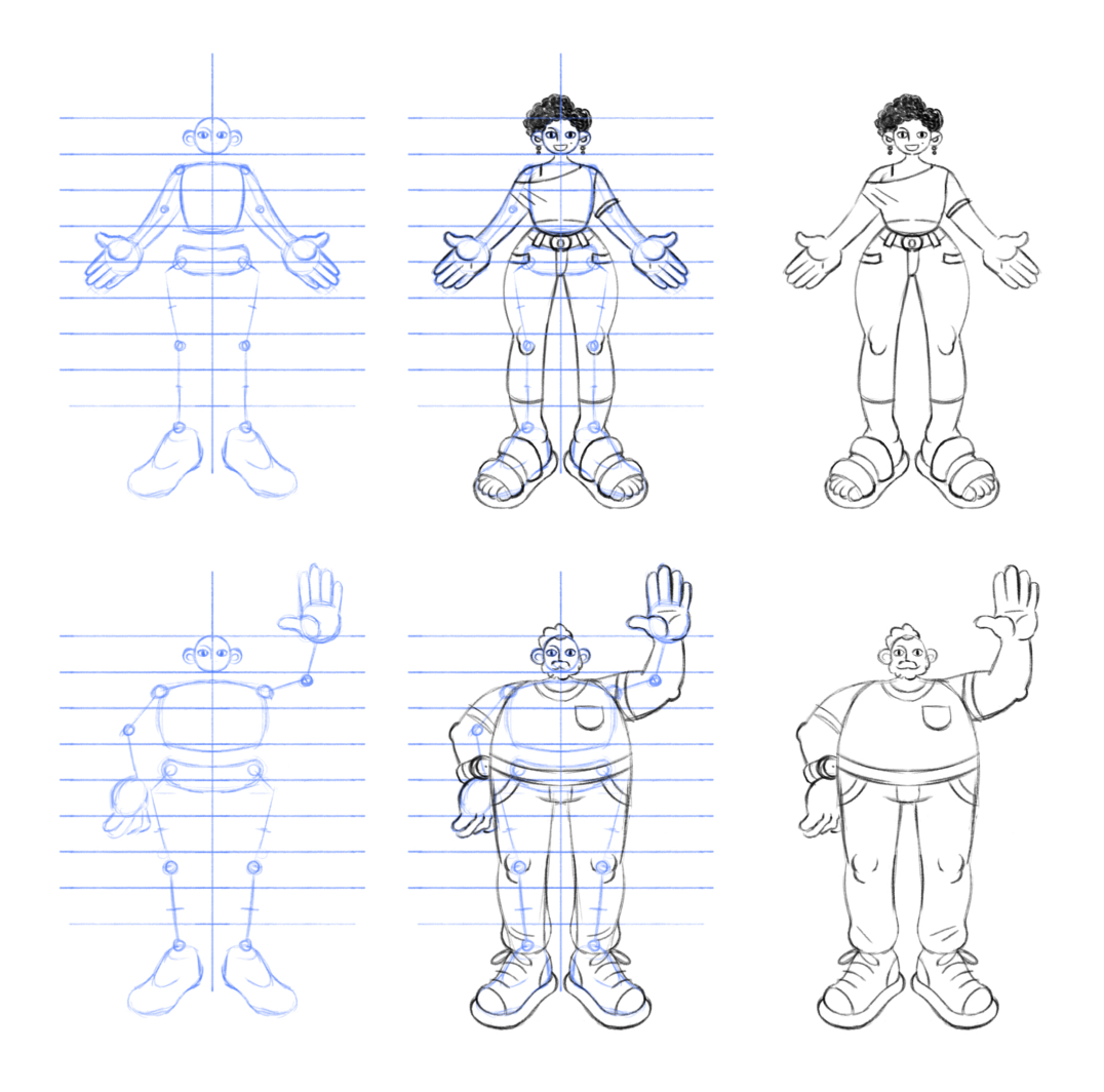 Character anatomy guide showing proportion grids and construction studies