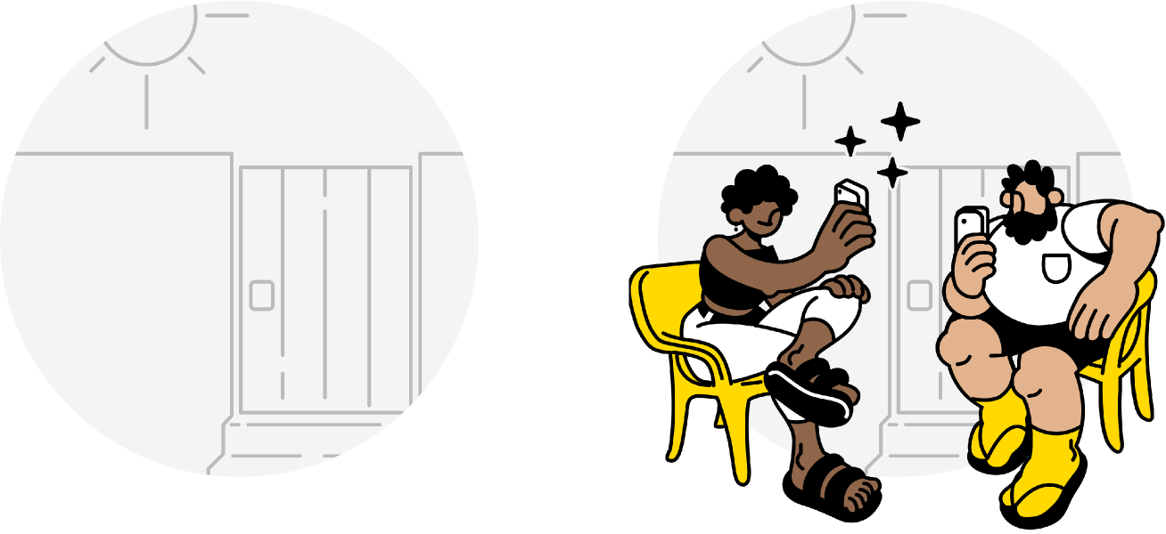 The circle used as a visual stage: empty as a backdrop, then populated with two characters sitting and chatting