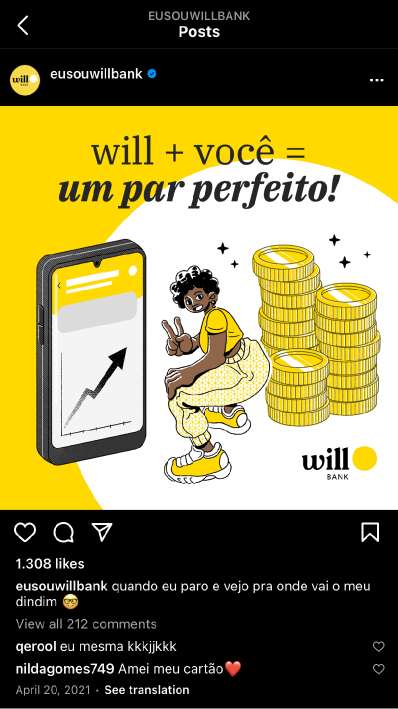 Instagram post from Will Bank using the new illustration style, with public likes and comments