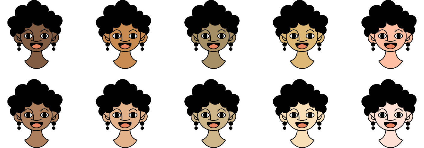 Expanded skin tone and hairstyle palette for illustrated character faces