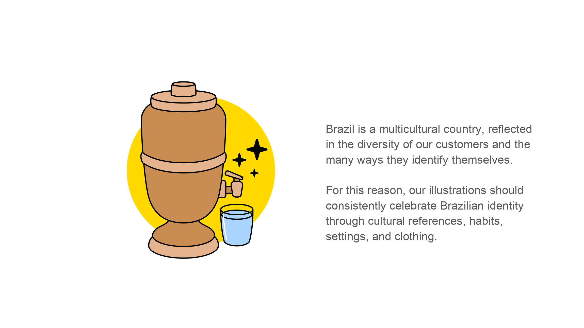 Brazil is a multicultural country, reflected in the diversity of our customers and the many ways they identify themselves. For this reason, our illustrations should consistently celebrate Brazilian identity through cultural references, habits, settings, and clothing.